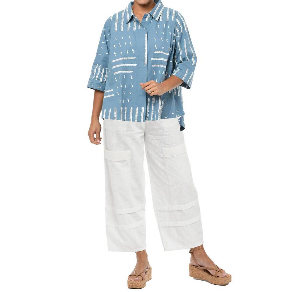NEW TULIP CLOTHING alice button down top in spa blue sand dunes